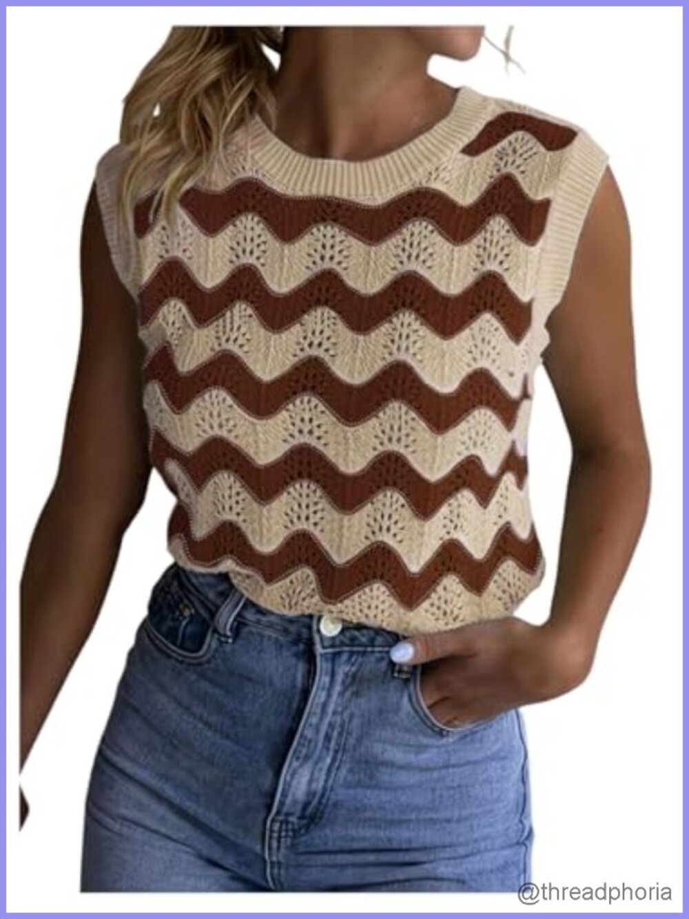 Women's Boho Striped Crochet Sweater Vest Sleeveless Knit